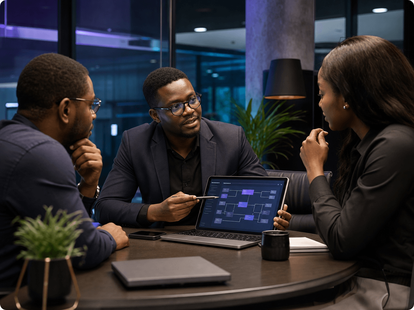 Consultant technique présentant une architecture logicielle à des partenaires métier